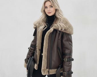 Women's Brown B3 Bomber Leather Jacket | Sheepskin Shearling Fur Leather Jacket | Winter Double Collared Flying Pilot RAF Aviator Fur Coat.