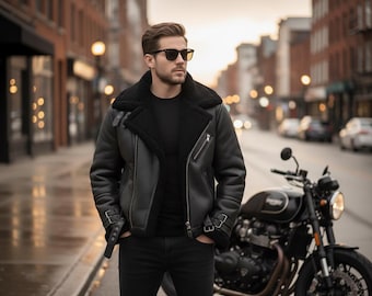 Men's Black Shearling Leather B3 Bomber Jacket - Handcrafted Sheepskin Flying Jacket - Cozy Winter Jacket - Gift For Him
