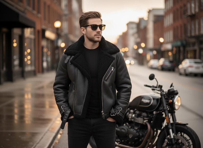 Men's Black Shearling Leather B3 Bomber Jacket - Handcrafted Sheepskin Flying Jacket - Cozy Winter Jacket - Gift For Him bild 1