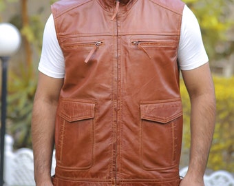 Handmade Brown Leather Vest for Men - Vintage Motorcycle Style - Customized Genuine Leather Biker Jacket