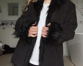 Women's Black Penny Lane Coat – Real Suede Leather With Faux Fur Trim – 70s Afghan Style Winter Coat – Vintage Boho Hippie Style Jacket