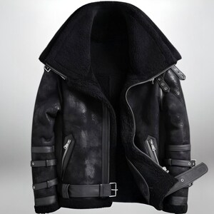 Men's Black Shearling Leather B3 Bomber Jacket - Handcrafted Sheepskin Flying Jacket - Cozy Winter Jacket - Gift For Him bild 3