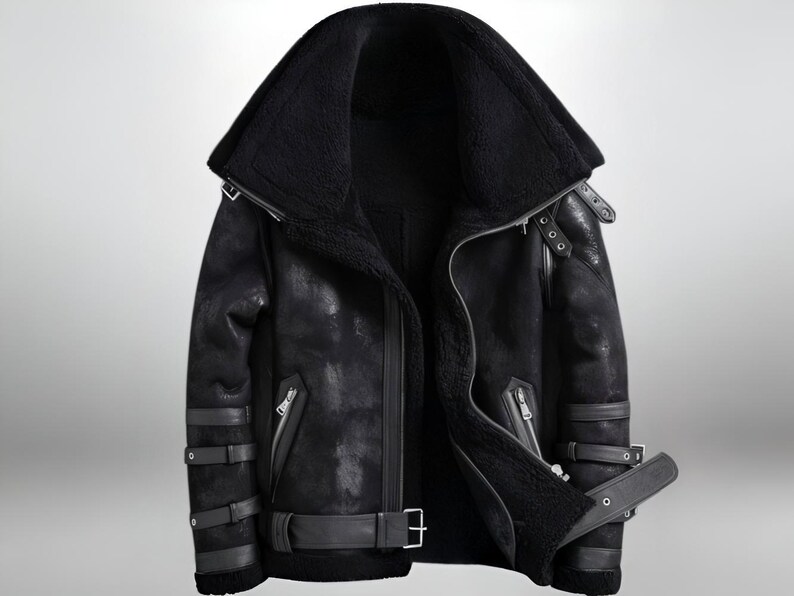 Men's Black Shearling Leather B3 Bomber Jacket - Handcrafted Sheepskin Flying Jacket - Cozy Winter Jacket - Gift For Him bild 3