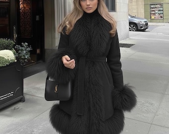 Womens Black Penny Lane Coat with Black Fur Trim – Real Suede Leather – 70s Boho Vintage Style – Afghan Inspired Winter Wear – Festival look