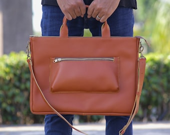 Cognac Leather laptop bag, Leather Laptop Sleeve, Leather Mackbook Bag, Shoulder Laptop Bag with Strap, Crossbody Bag