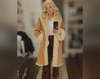 Women's Penny Lane Coat | Brown Suede Full Length Duster Fur Coat | Real Leather Fur Vintage Long Coat | 70's Style Shearling Hippie Coat