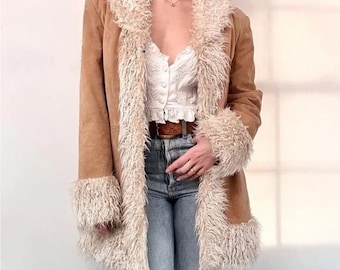 Women Brown Mid-Length Penny Lane Coat, Handmade Vintage Suede Coat with Faux Fur Trim, 70s Boho Afghan Style Jacket, Cozy Winter Coat