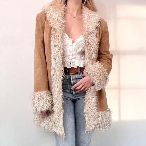 Women Brown Mid-Length Penny Lane Coat, Handmade Vintage Suede Coat with Faux Fur Trim, 70s Boho Afghan Style Jacket, Cozy Winter Coat