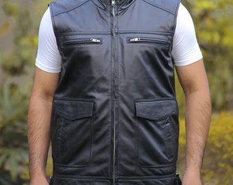 Handmade Black Leather Vest for Men - Vintage Motorcycle Style - Customized Genuine Leather Biker Jacket