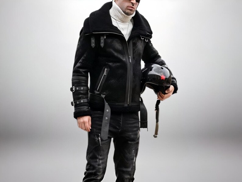 Men's Black Shearling Leather B3 Bomber Jacket - Handcrafted Sheepskin Flying Jacket - Cozy Winter Jacket - Gift For Him bild 2