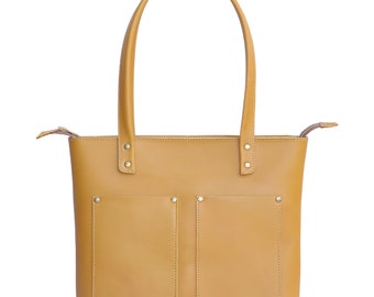 Yellow Leather Tote Bag Women, Medium Leather Tote Bag with Zipper, Genuine Leather Tote Bag, Shoulder Tote Bag, Premium Leather Tote