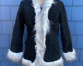 Womens Black Penny Lane Coat – Handmade Real Suede Jacket with White Faux Fur Trim – 70s Boho Hippie Y2K Winter Coat – Retro Festival Outfit