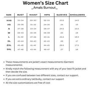 May include: A white size chart titled "Women's Size Chart" with measurements for bust, waist, hips, sleeves, and shoulders. Sizes range from XXS to 3XL, with measurements in inches. Includes text about jacket measurements and size selection.