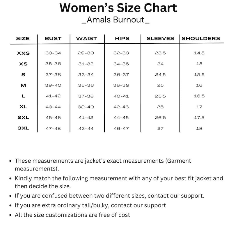 May include: A white size chart titled "Women's Size Chart" with measurements for bust, waist, hips, sleeves, and shoulders. Sizes range from XXS to 3XL, with measurements in inches. Includes text about jacket measurements and size selection.