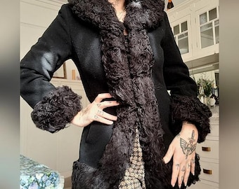 Women's Black Penny Lane Coat | Real Sheepskin Shearling Fur Afghan Coat | Winter Warm Suede Hippie Trench Coat |  Black Beautiful Overcoat