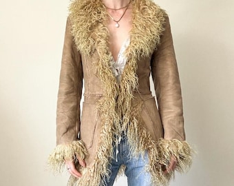 Vintage Suede Penny Lane Jacket with Faux Shearling Trim | Warm Winter Boho Coat | 70s Retro Shaggy Fur Trim Suede Jacket