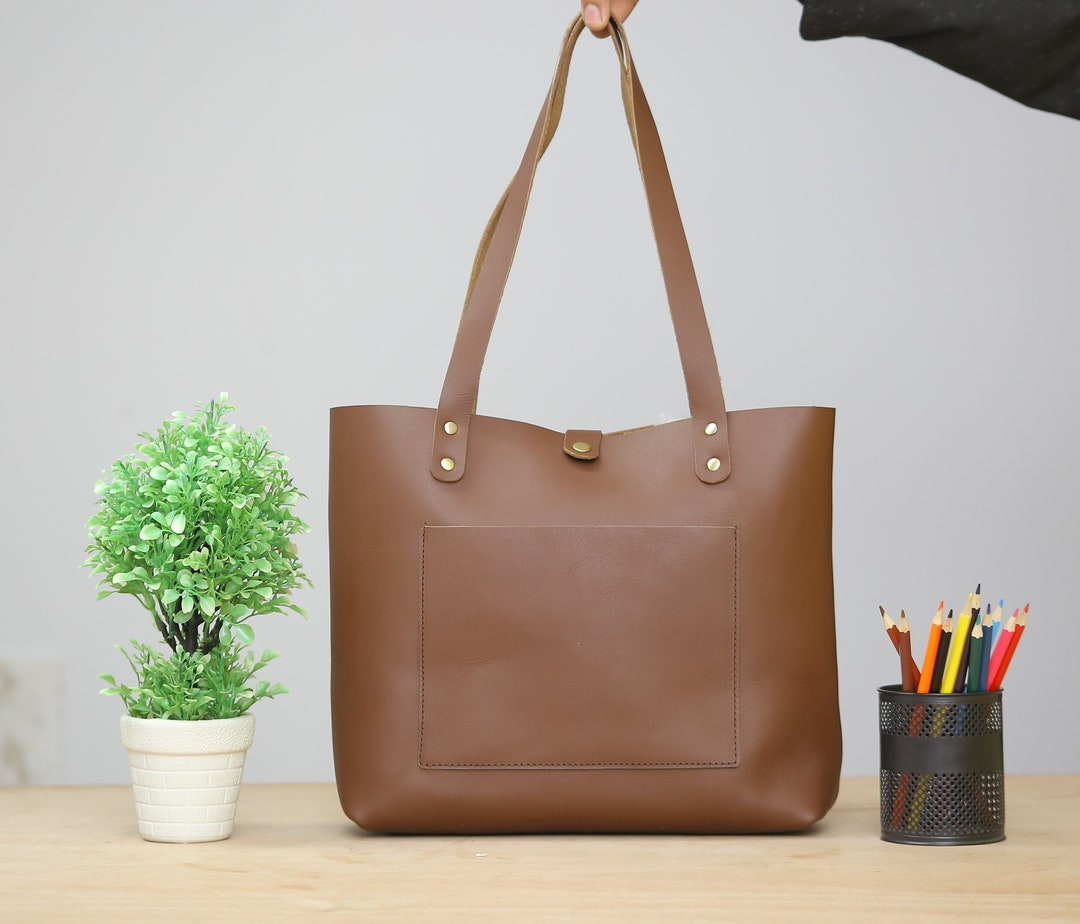 Chocolate Leather Tote Bag for Women Medium Sized Tote Bag Etsy