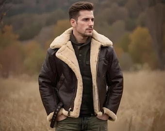 Cockpit Pilot RAF Aviator B3 Military Bomber Shearling Fur Brown Leather Jacket with Real Sheep Leather - Mens WW2 Lambskin Leather Jacket.