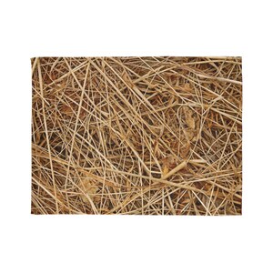 Op de afbeelding: Close-up van een rechthoekig tapijt met een natuurlijke, getextureerde uitstraling. Het tapijt is gemaakt van gedroogd, verweven stro, met een mix van licht- en donkerbruine tinten. De vezels creëren een dicht, organisch patroon.