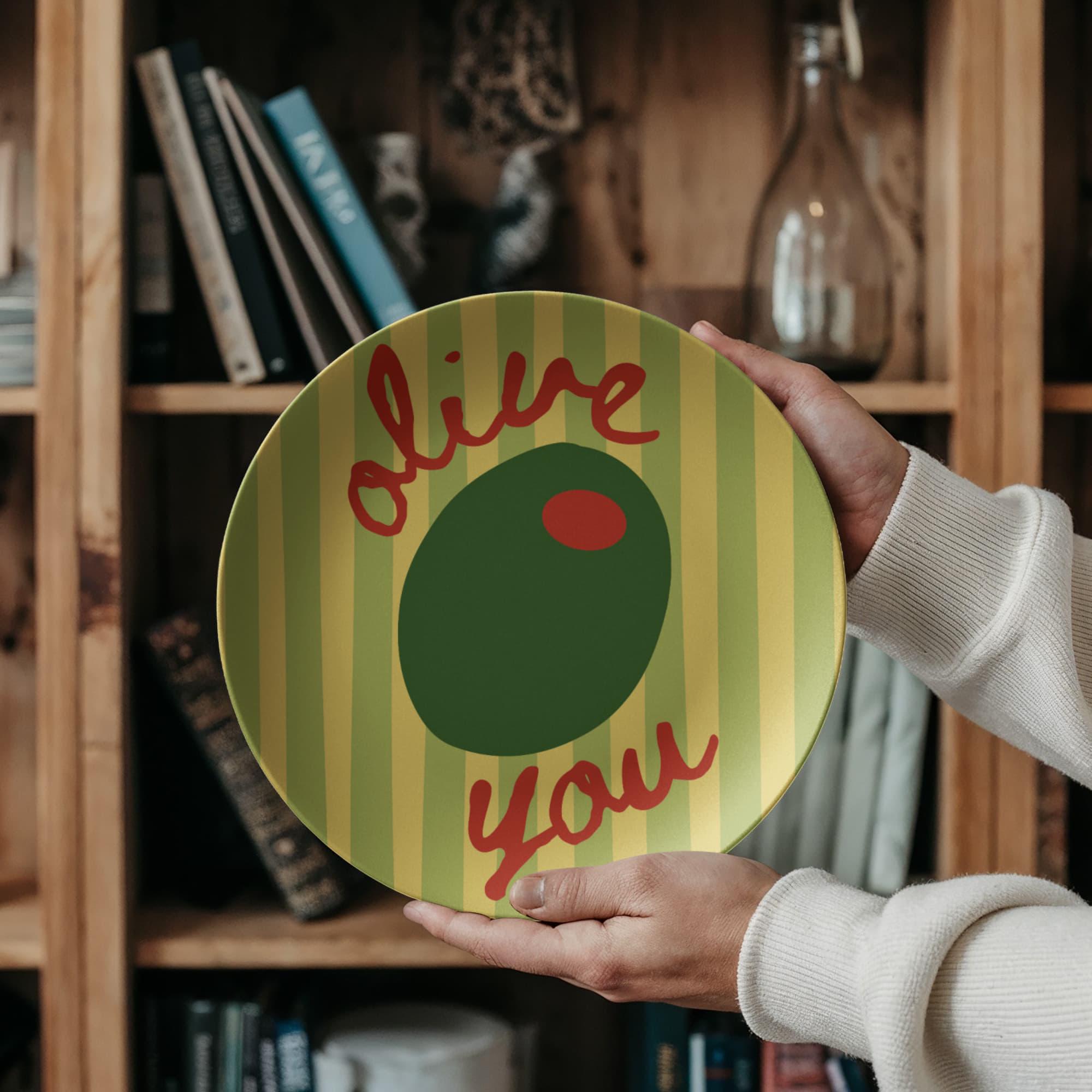 Olive You Plate – 10” Aesthetic Charcuterie Plate with Hand-Drawn Olive & Stripes | Cool Girl Kitchen Decor | Cute Tableware Gift Idea