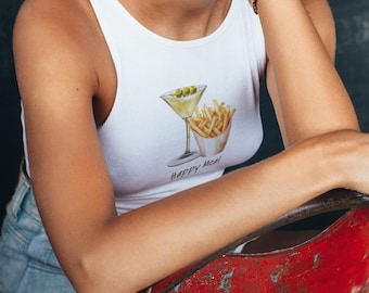 Grafik Tank Top, Martini und Fries Trendy Damen Racer Tank, Mädchen Dinner Shirt, lustige Cocktailkleidung, ärmelloses Sommer T-Shirt