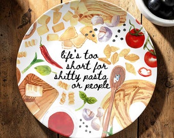 Funny Pasta Quote Plate – Fresh Pasta Serving Plate with Hand Drawn Ingredients – Gift for Foodies, Cooks, and Italian Kitchen Lovers