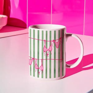 Striped Bikini Ceramic Mug, Fun Gift for Her, Kitchen Decor, Coffee Lover, Gift for Women, Trendy Mug, Beach Mug, Beach Lover, Beach House