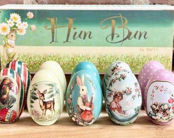 Set of Ten Fillable, Reusable Easter Egg Tins. Vintage Style Metal Easter Eggs by Bärli for Filling or Gifting