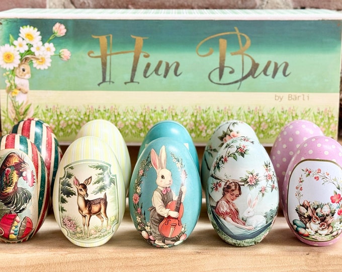 Featured listing image: Set of Ten Fillable, Reusable Easter Egg Tins. Vintage Style Metal Easter Eggs by Bärli for Filling or Gifting