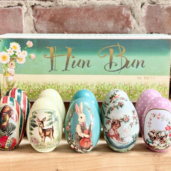 Set of Ten Fillable, Reusable Easter Egg Tins. Vintage Style Metal Easter Eggs by Bärli for Filling or Gifting