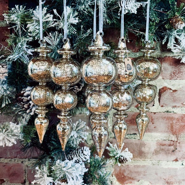 Set of 6 Mercury Glass Finials, Hand Blown Glass Christmas Ornaments