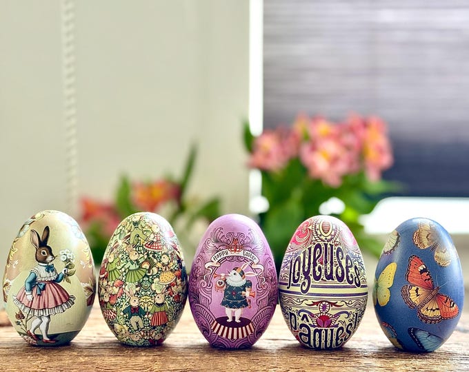 Featured listing image: NEW! Five of our Fillable, Reusable Easter Egg Tins. Vintage Style Metal Easter Eggs by Bärli for Filling or Gifting