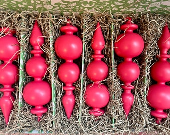 Set of 6 Raspberry Red Glass Finials, Hand Blown Hand Painted Glass Christmas Ornaments