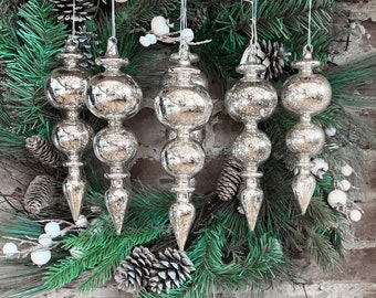 Set of 6 Mercury Glass Finials, Hand Blown Glass Christmas Ornaments