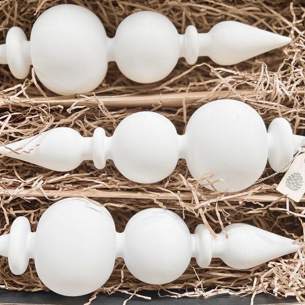 Set of 3 Matte White Finials, Hand Blown Glass Christmas Ornaments