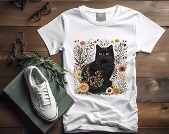Black Cat Floral Shirt: Vintage Autumn Graphic Tee