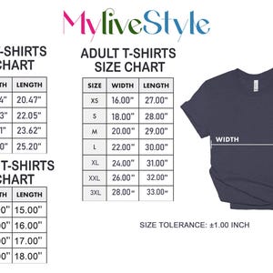 May include: Size chart for youth, adult, and toddler t-shirts. The chart shows the width and length measurements in inches for each size. The chart also includes a size tolerance of plus or minus 1 inch.