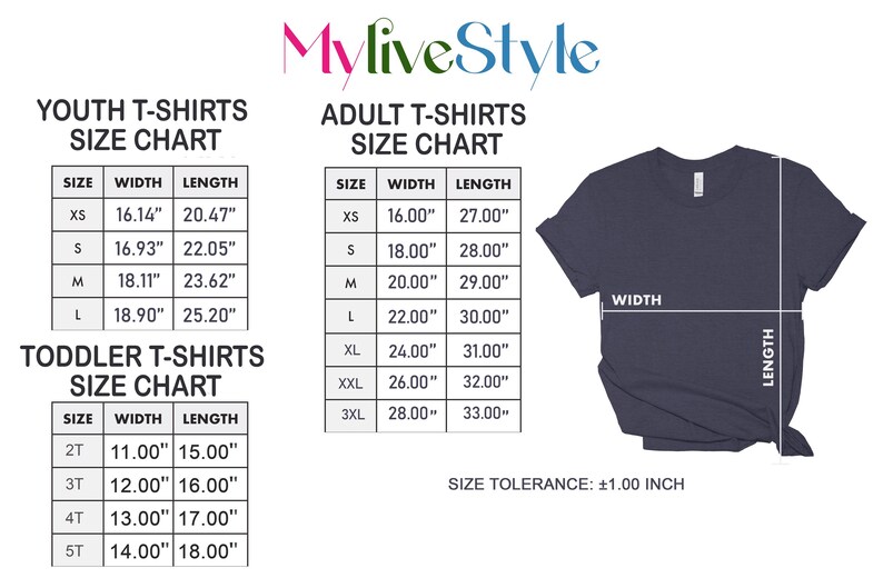 May include: Size chart for youth, adult, and toddler t-shirts. The chart shows the width and length measurements in inches for each size. The chart also includes a size tolerance of plus or minus 1 inch.