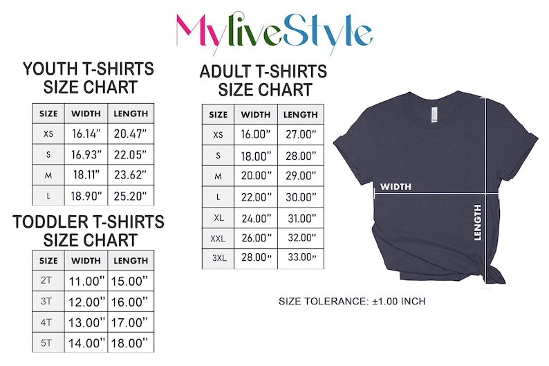 May include: A navy blue t-shirt with a size chart for youth, adult, and toddler t-shirts. The chart includes measurements in inches for width and length, with size tolerance information.