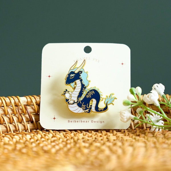 Blue Dragon Enamel Pin, Dragon Drinking Tea Brooch, Peachful Dragon Pin, Dragon Year Gift