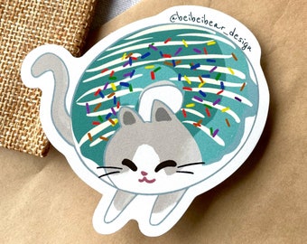Donut Cat Sticker, Cute Cat Sticker, Grey and White Piebald Bi-colour Cat, Cute Sticker, Funny Cat Sticker, Cute Gift, Cat Lover Gift