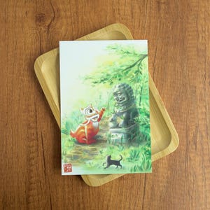 Chinesischer Löwentanz-Postkarte - entzückender roter Löwe und majestätischer Steinlöwe, erwachende Löwe-Illustration, Mond-Neujahrs-Postkarte