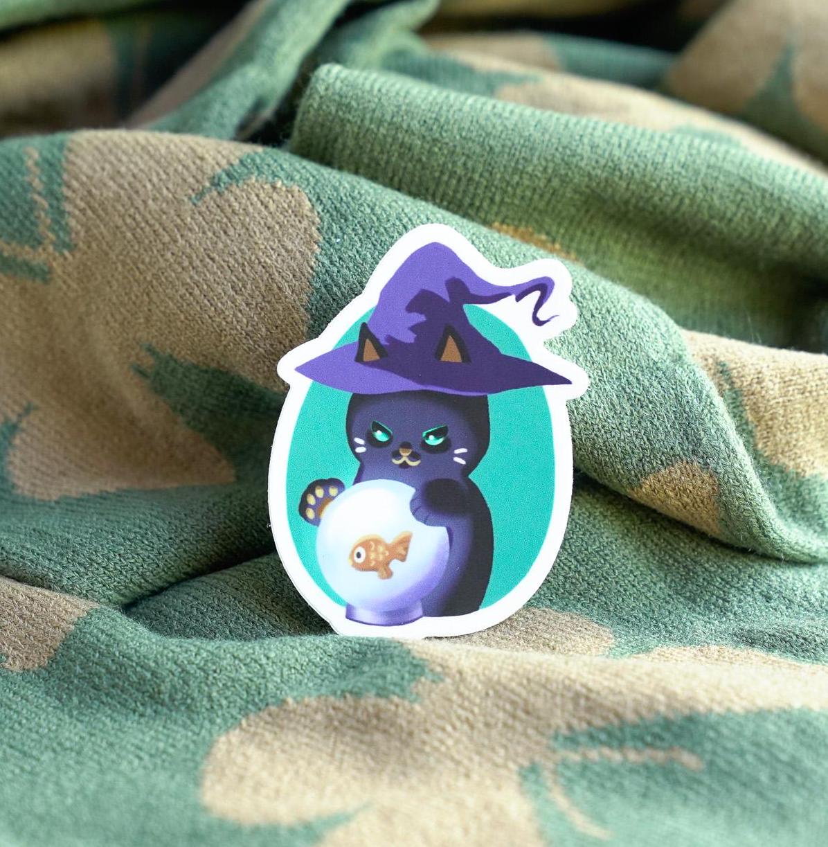 Witch Cat Sticker - Black Cat and the Fish in Crystal Ball - Etsy