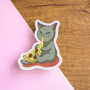 Cute Pizza Cat Sticker - Gray Kitty Happily Eating a Slice of Pizza
