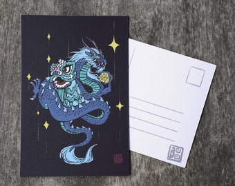 Lion Dance Postcard, Chinese Lion & Dragon Postcard/Small Print, Green Lion And Blue Dragon Art, Lunar New Year Greeting Card, Lucky Lion