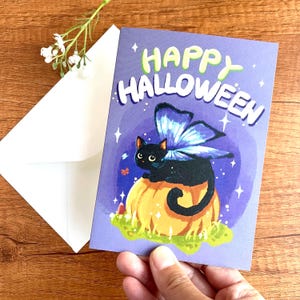 Carte de voeux Halloween, carte papillon chat, chat noir sur citrouille Halloween carte
