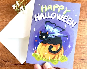 Schmetterlings-Katzen-Halloween-Grußkarte: Schwarze Katze auf Kürbis