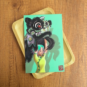 Carte postale de danse du lion, carte postale de lion chinois/petits caractères, danseuse du lion, carte de voeux pour le nouvel an lunaire, lion porte-bonheur chinois