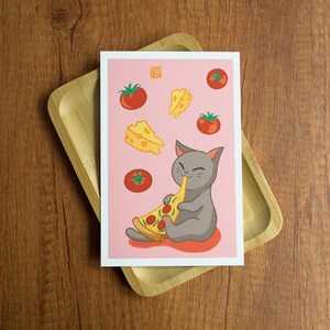 Carte postale Pizza Cat - Adorable chat mangeant une part de pizza Mini impression artistique