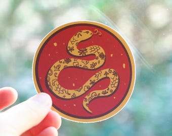 Adesivo per il capodanno lunare: serpente fiorito dorato su rosso - Decalcomania in vinile